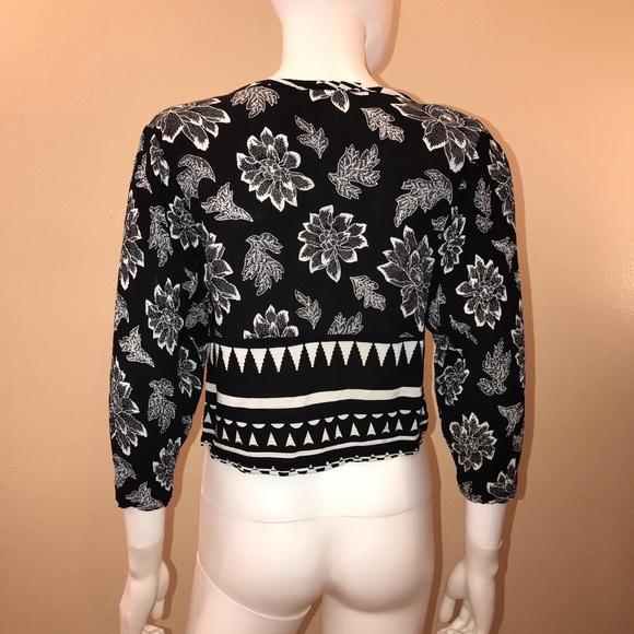 Vintage 80s Cropped Button Up Blouse Womens Size Medium Black White USA Made - Picture 3 of 14